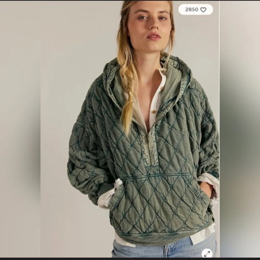 🌻NWT Free People ARIA Quilted Olive Green Half-Zip Pullover Hoodie